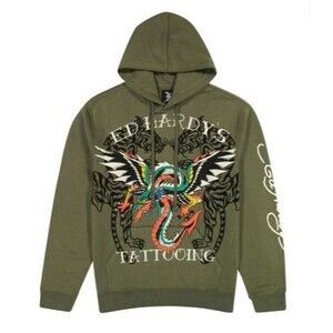 Ed‎ Hardy NWT Mens Hoodie M Dragon Wings Tiger Tattoo Green Pullover Sweater